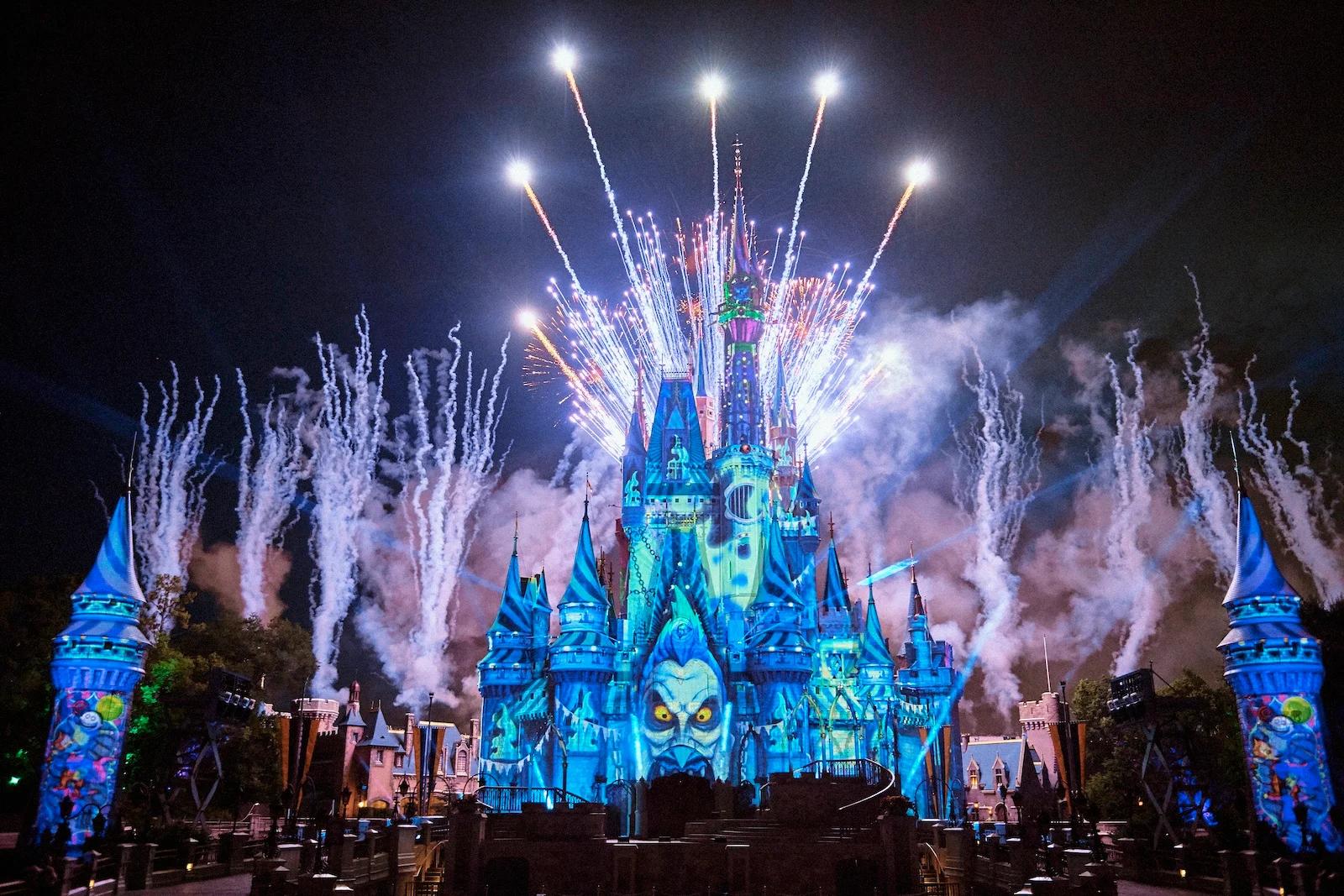 Theme park castle with colorful towers