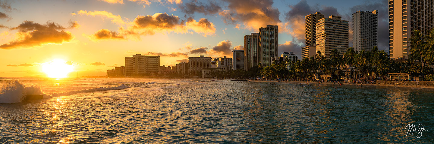 Hawaii beach at sunset with palm trees