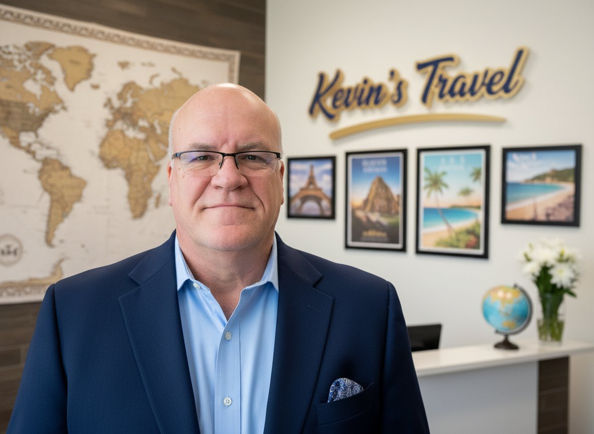 Kevin Kimpel in a navy suit in front of a Kevin's Travel office wall
