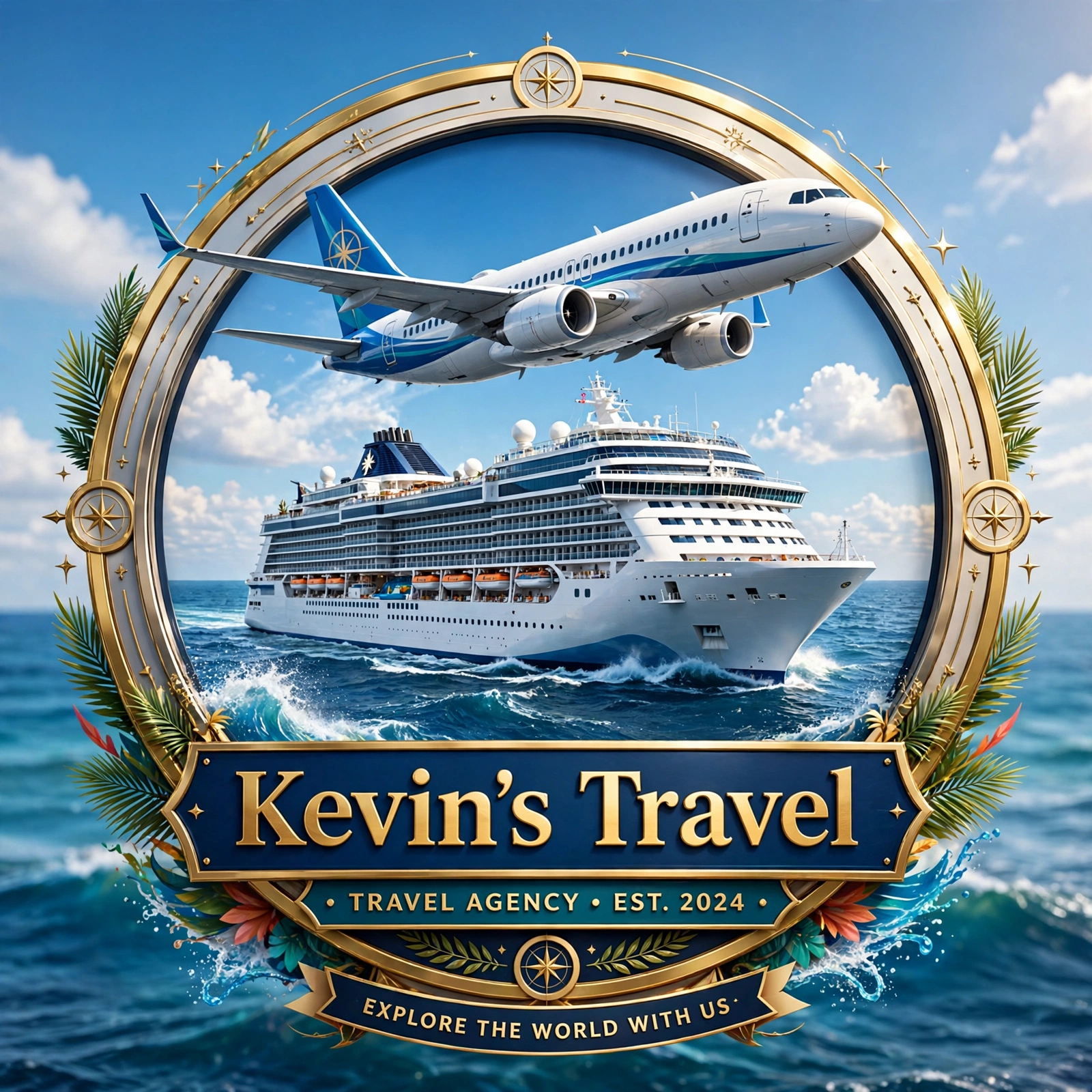 Kevin's Travel 2026 logo — plane and cruise ship in a gold ring
